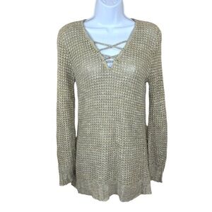 Medium 212 Collection Beige Open Knit Long Sleeve V Neck Sweater Stretch